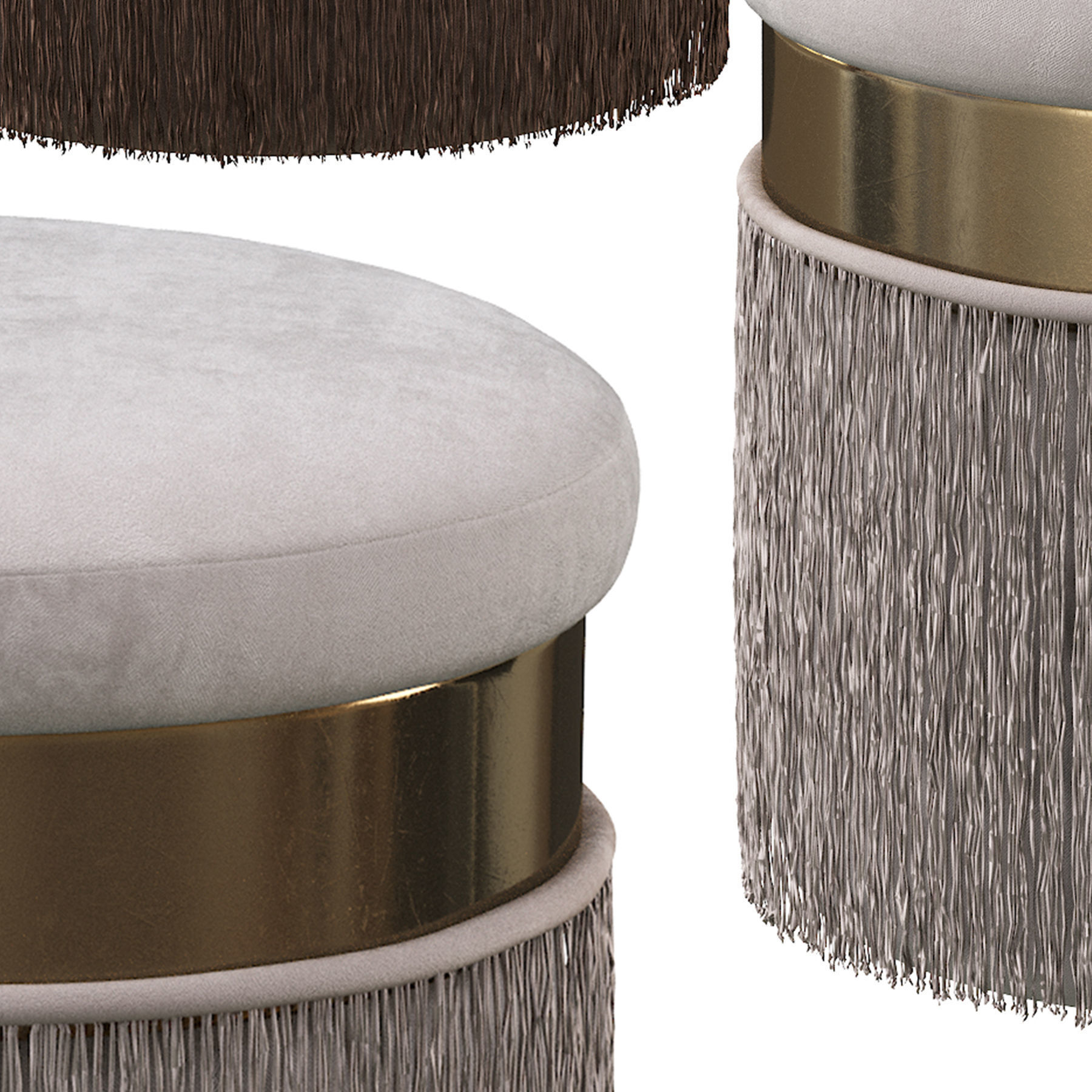 BLUSH MAUVE PINK LONG FRINGED ROUND VELVET OTTOMAN FOOTSTOOL 3D model_13