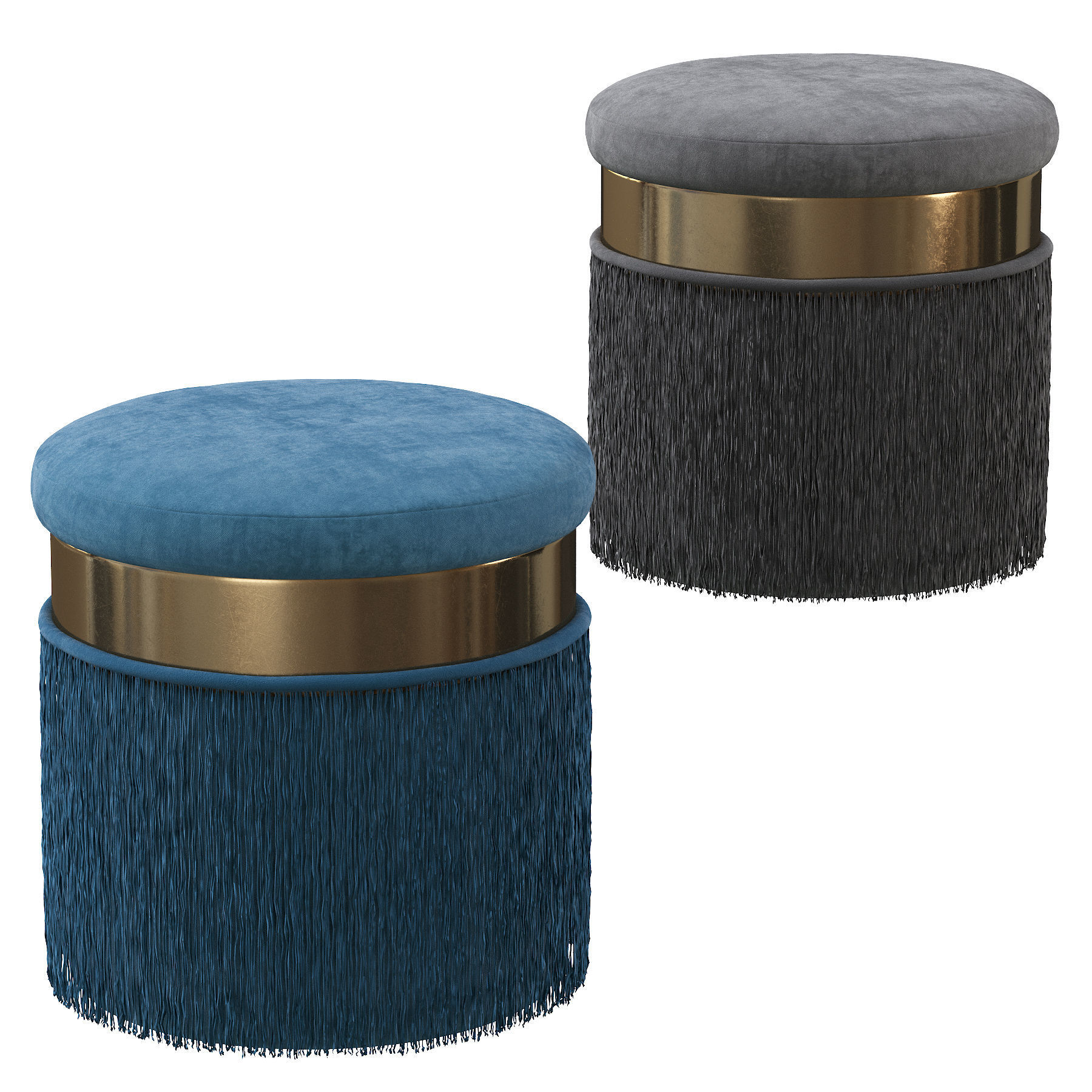 BLUSH MAUVE PINK LONG FRINGED ROUND VELVET OTTOMAN FOOTSTOOL 3D model_15