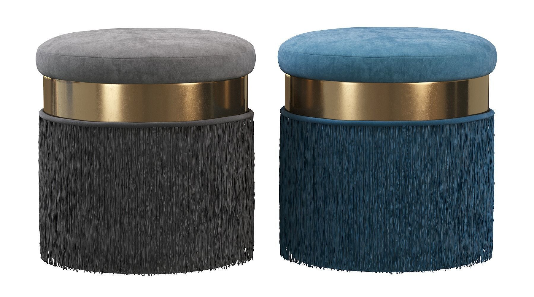 BLUSH MAUVE PINK LONG FRINGED ROUND VELVET OTTOMAN FOOTSTOOL 3D model_11