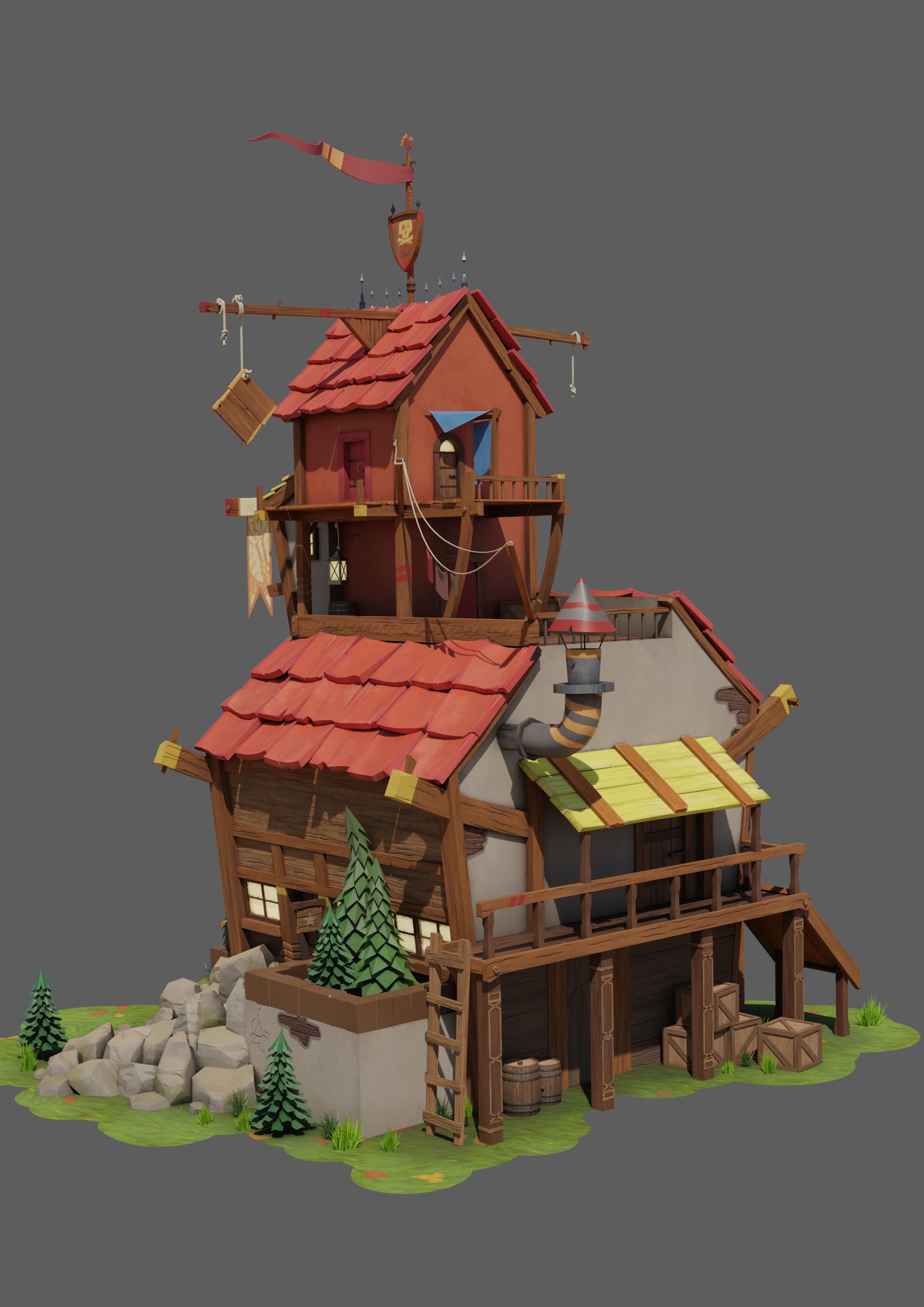 Stylized casual house Low-poly 3D model_3