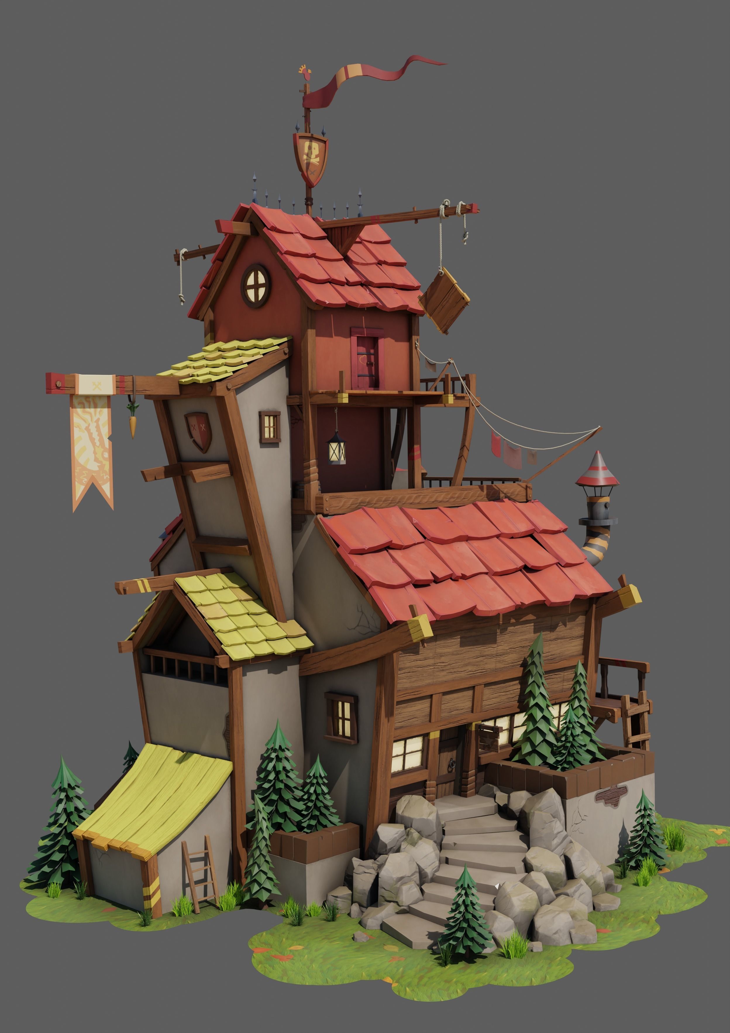 Stylized casual house Low-poly 3D model_2