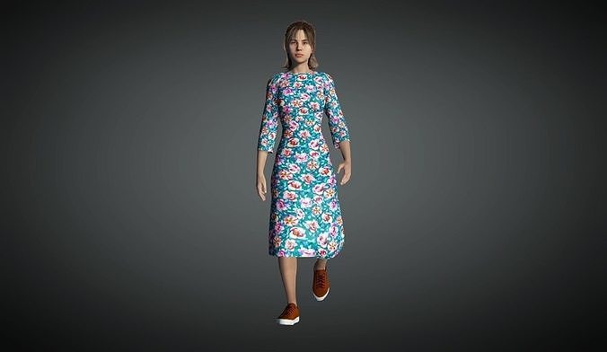 Long dress With rigged Girl 3D model