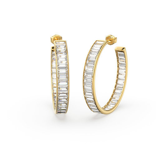 Baguette Diamond Huggies Wedding Earrings Hoops Ear Jewelry 3D print model