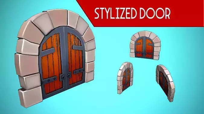 STYLIZED DOOR WOOD ROCKS CARTOON Low-poly 3D model