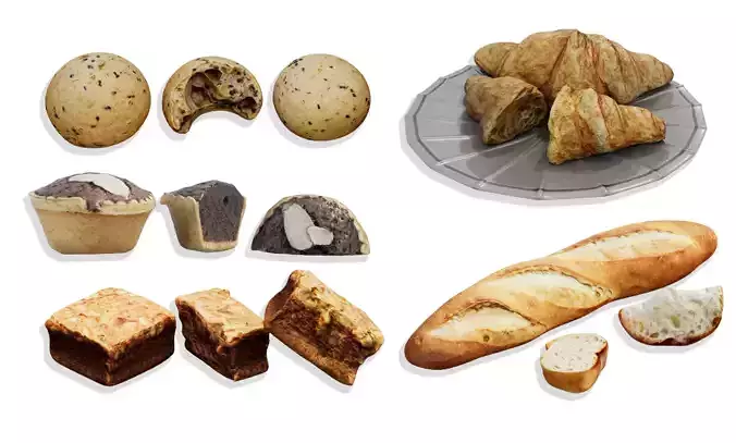 Baguette Moji Cheese Buns Toffee Cake Croissant Chocolate Tart  3D Model Collection