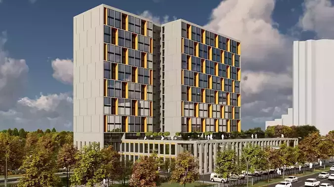 3D model of hotel and restaurant complex with interior