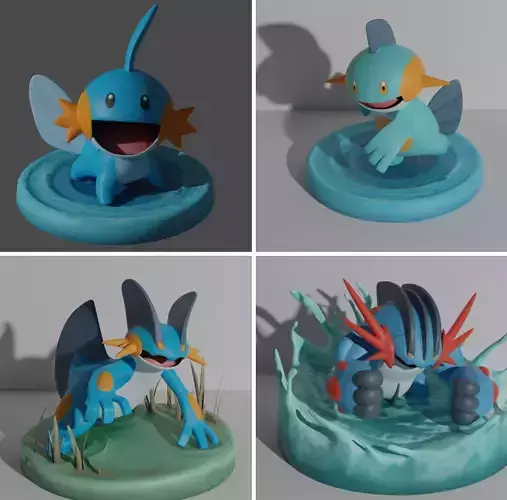 Mudkip Marshtomp Swampert and Mega Swampert 3D print model  3D print model