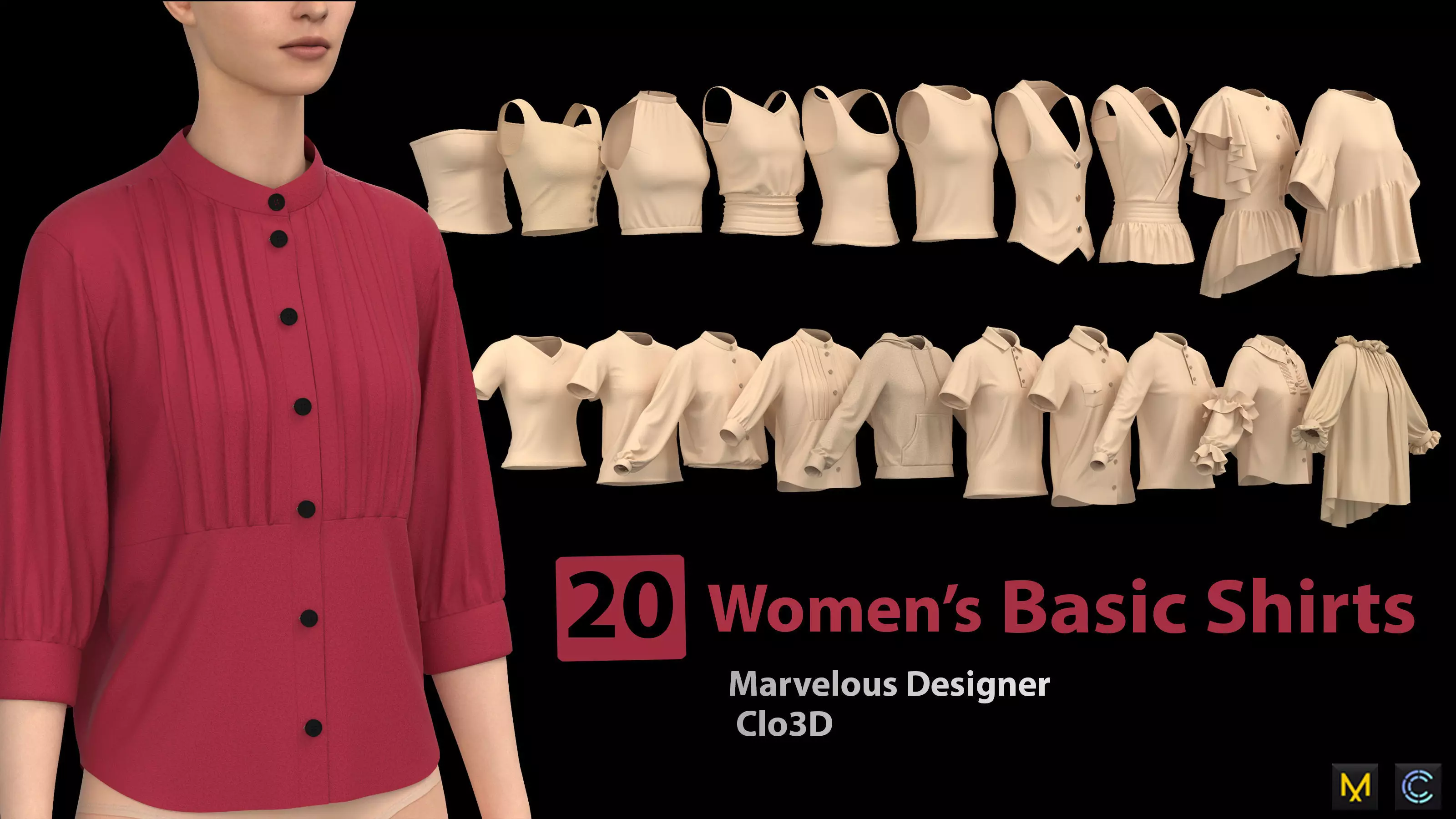20 Women Basic Shirts 3D model_0