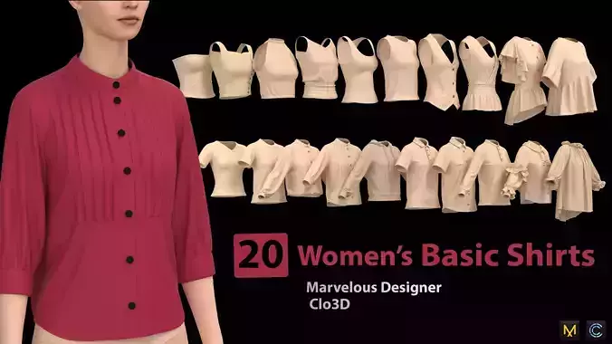 20 Women Basic Shirts 3D model