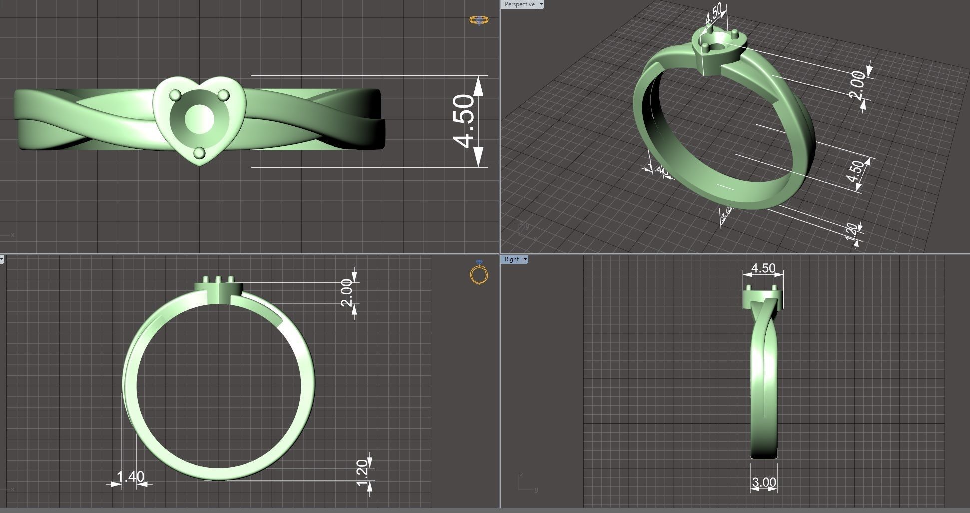 Heart ring with diamond 3D print model_9