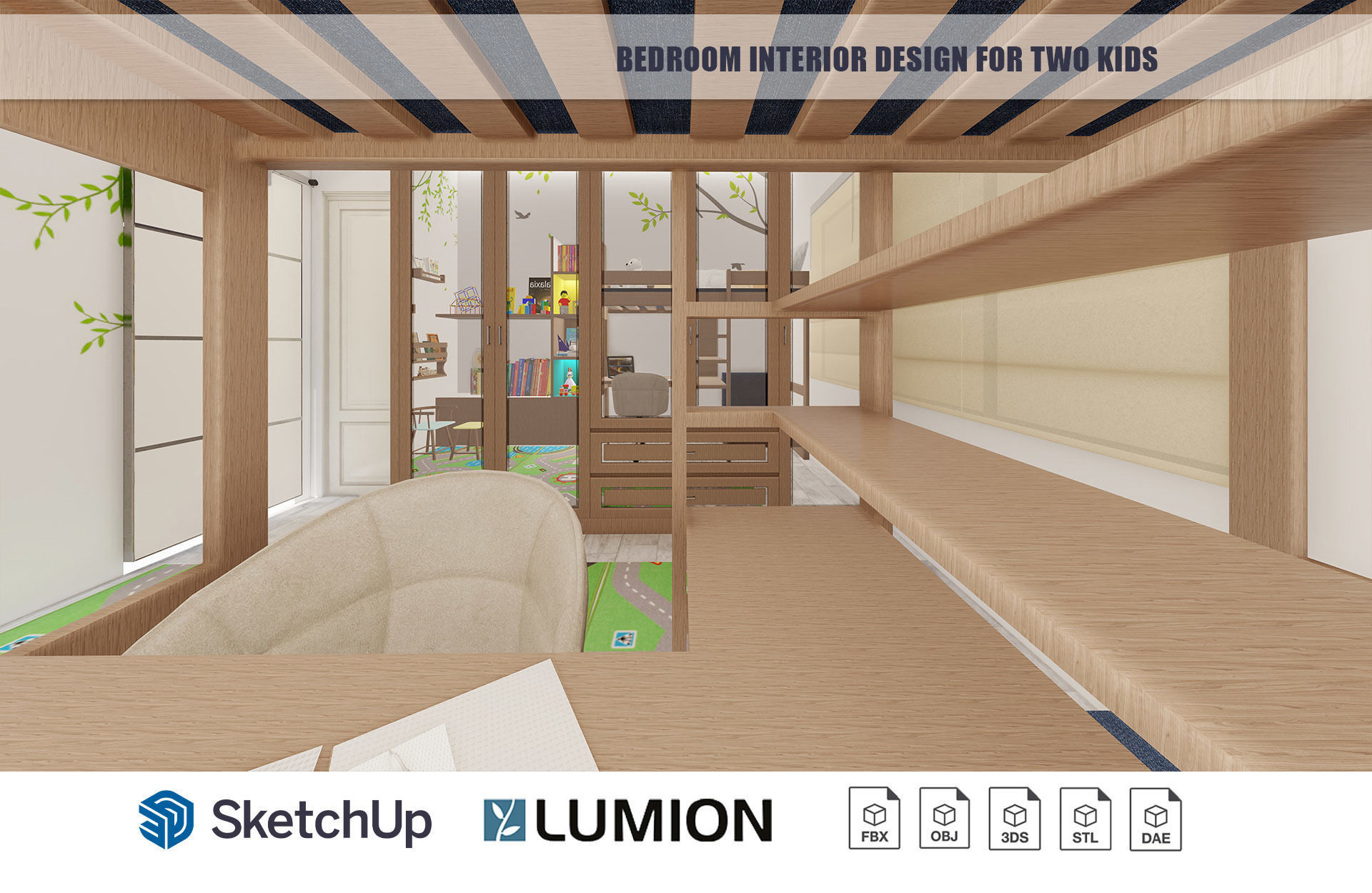 Bedroom Interior Design for kids with built-in study table 3D model_8