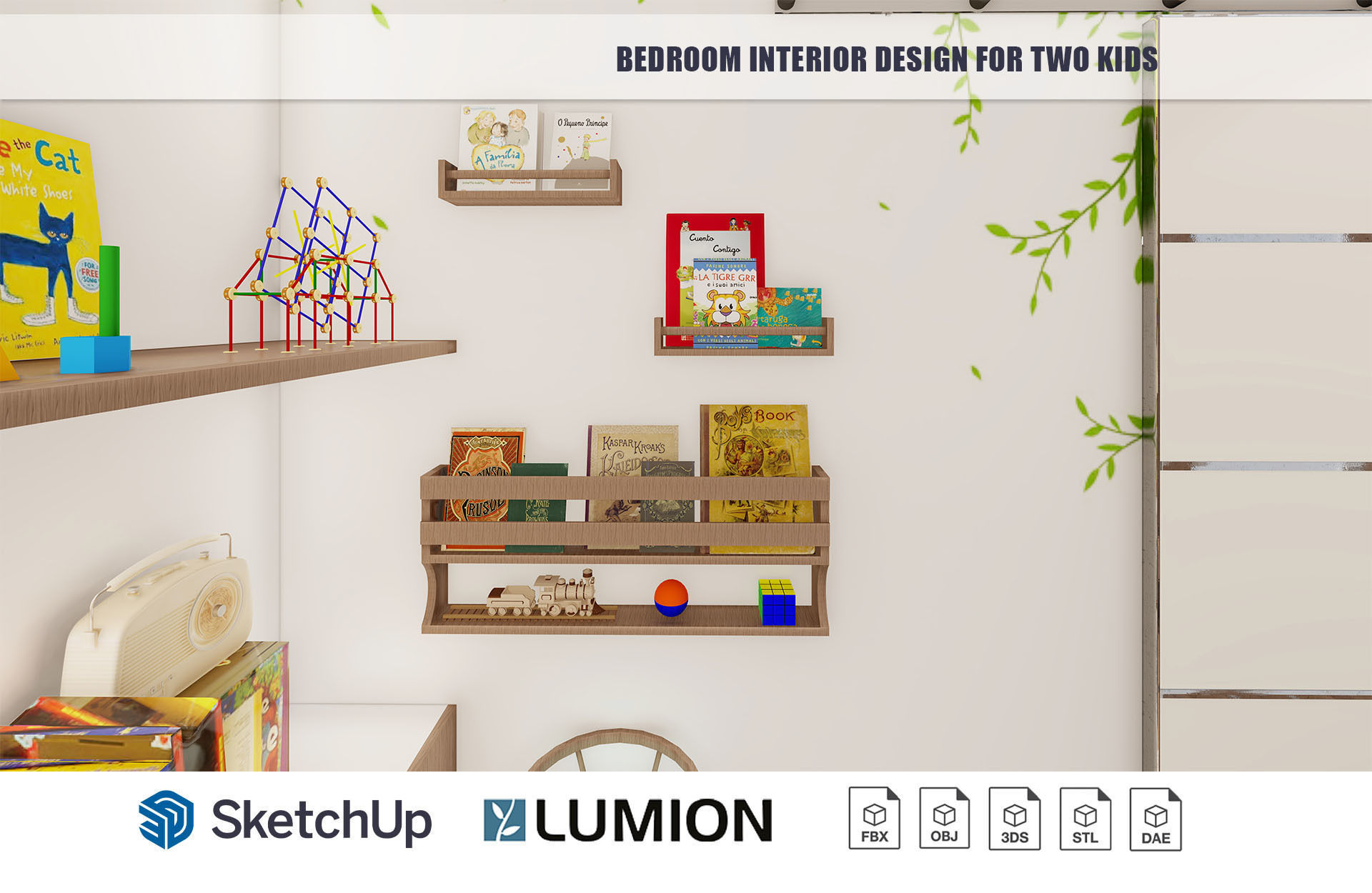 Bedroom Interior Design for kids with built-in study table 3D model_1