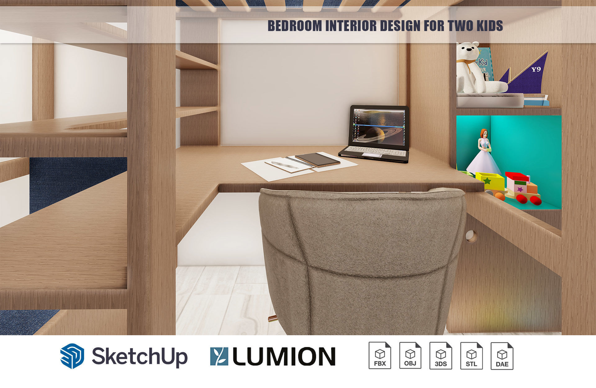 Bedroom Interior Design for kids with built-in study table 3D model_5