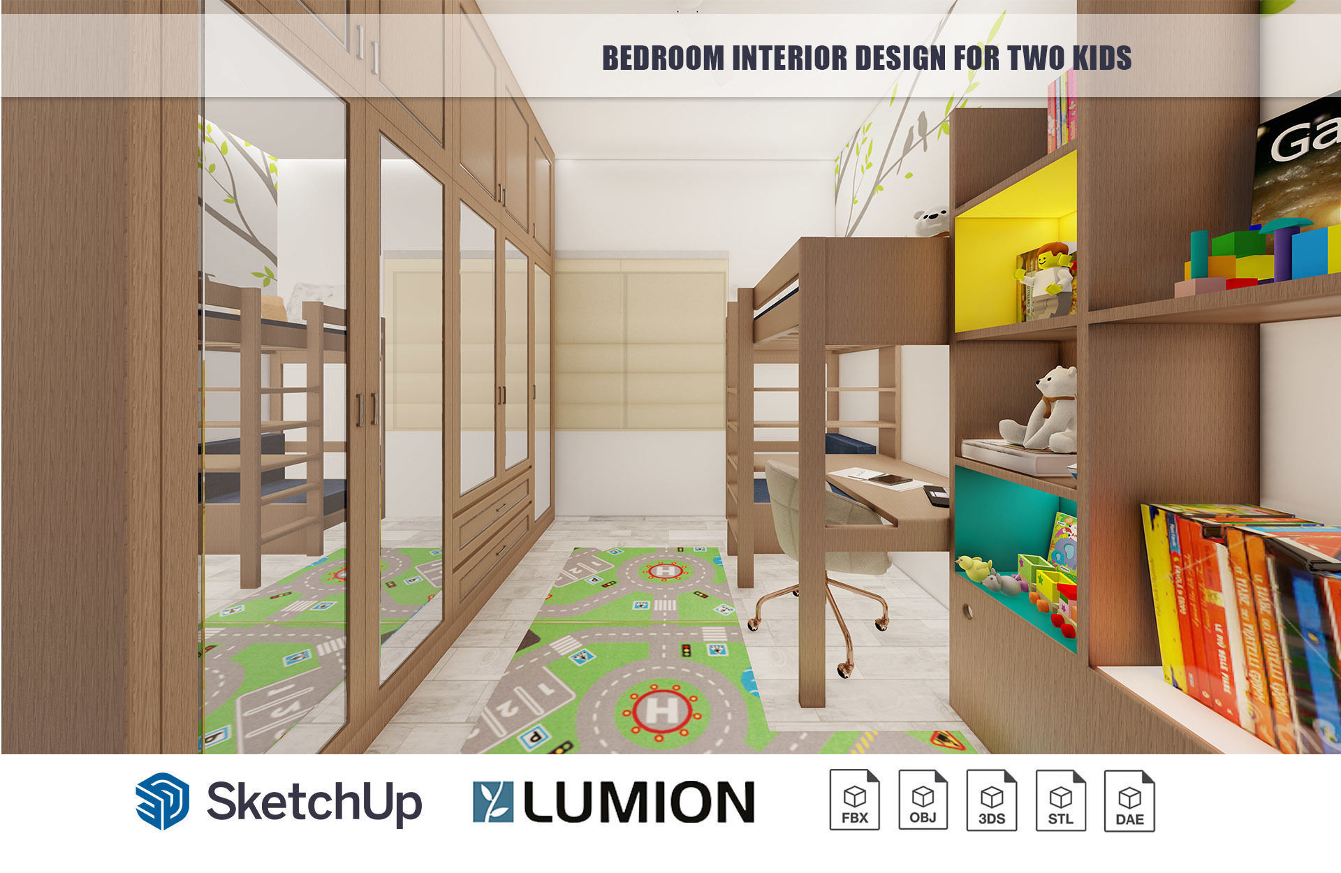 Bedroom Interior Design for kids with built-in study table 3D model_3