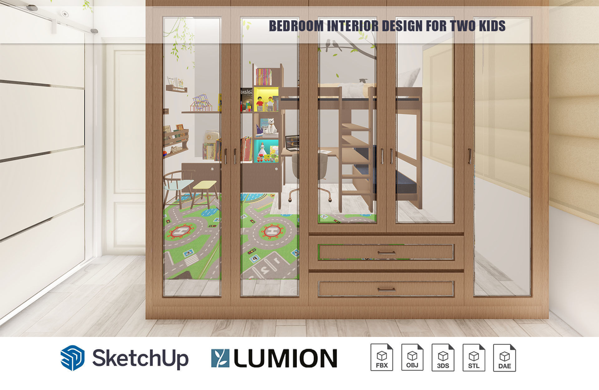Bedroom Interior Design for kids with built-in study table 3D model_4