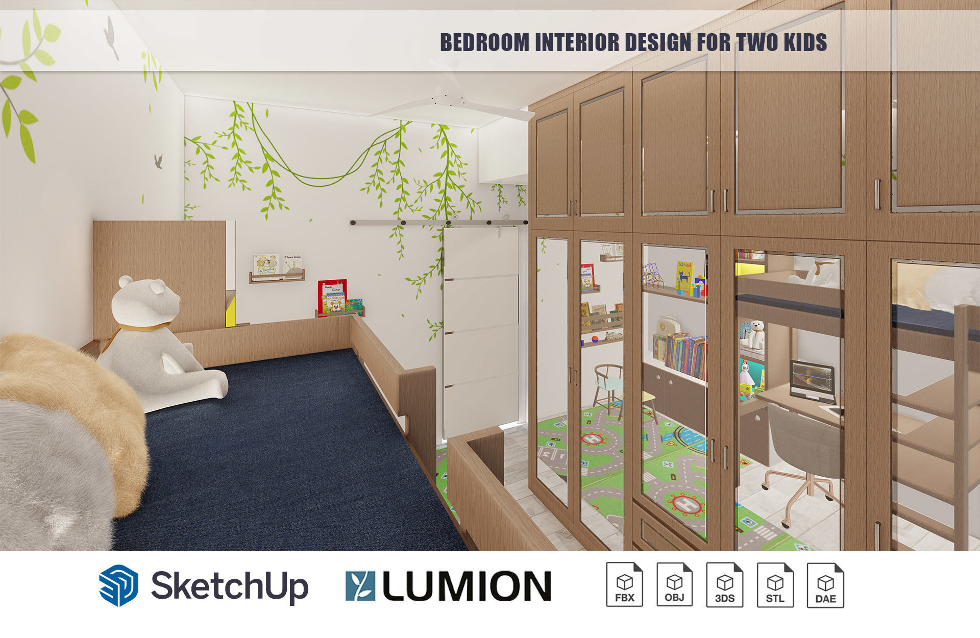 Bedroom Interior Design for kids with built-in study table 3D model_2