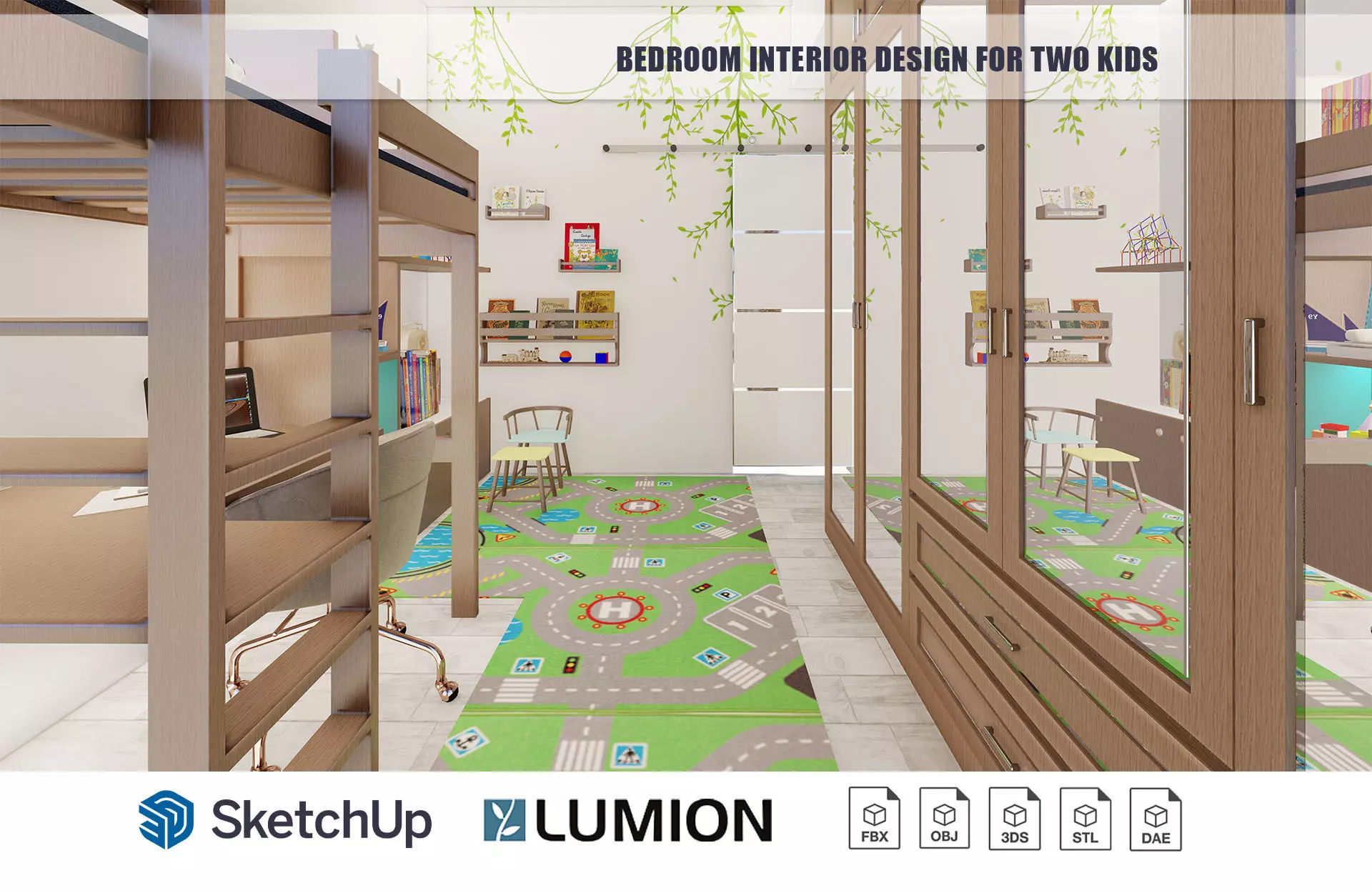 Bedroom Interior Design for kids with built-in study table 3D model_0