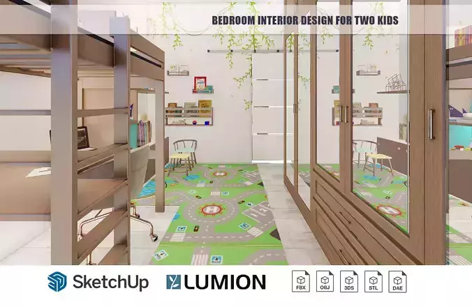 Bedroom Interior Design for kids with built-in study table 3D model