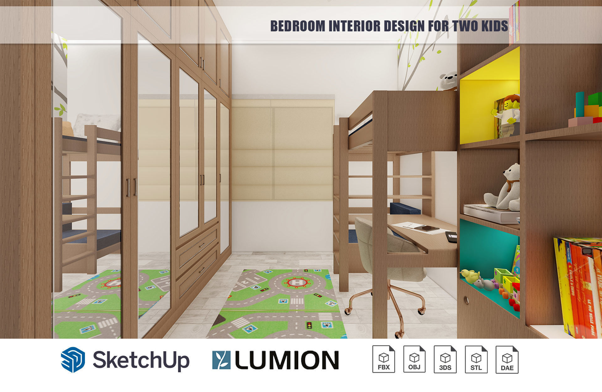 Bedroom Interior Design for kids with built-in study table 3D model_9