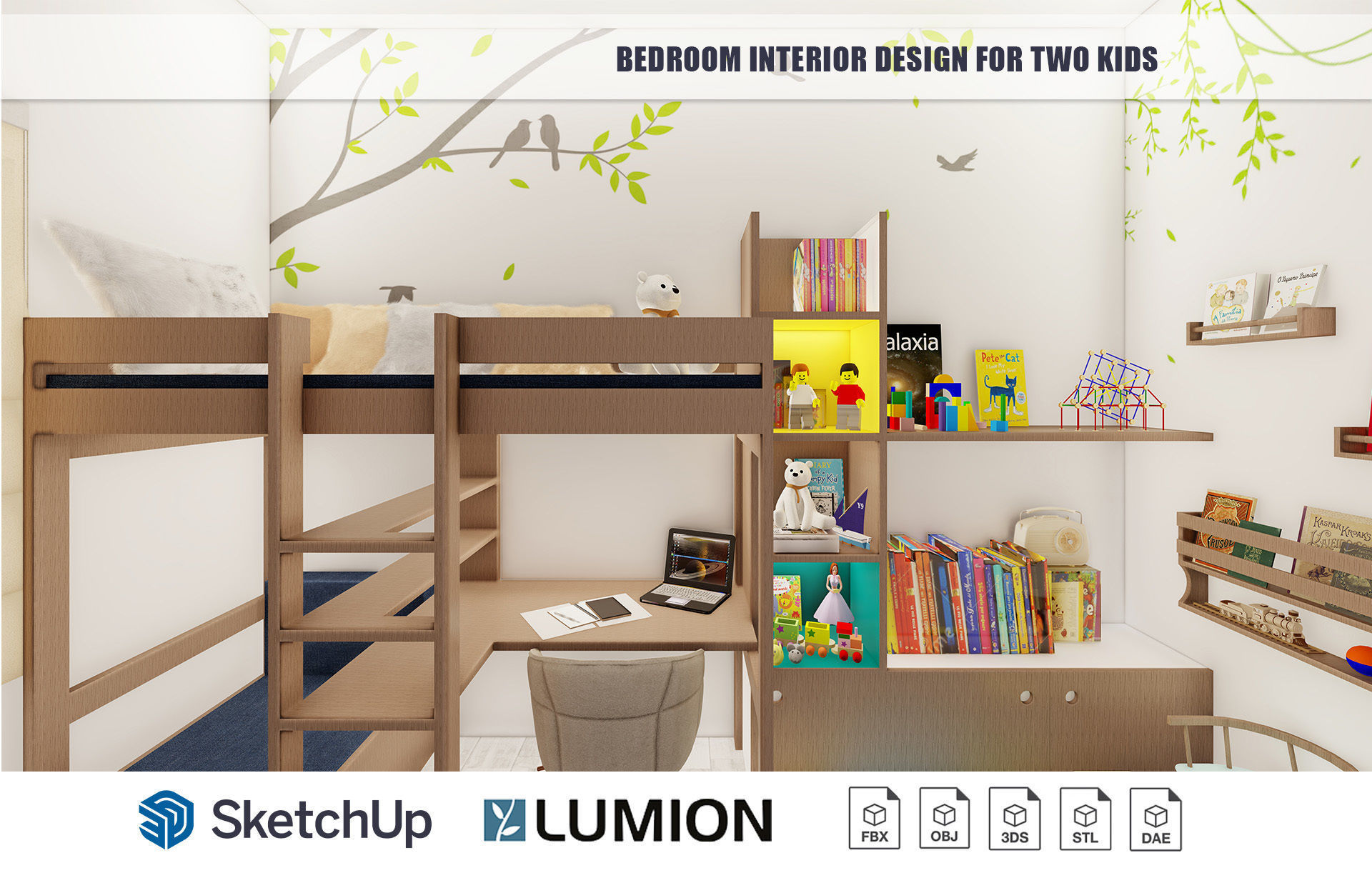 Bedroom Interior Design for kids with built-in study table 3D model_7