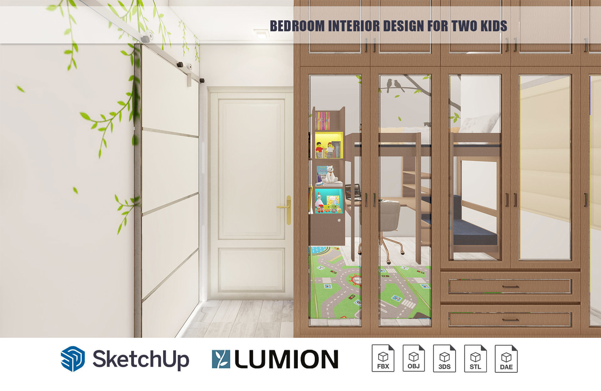 Bedroom Interior Design for kids with built-in study table 3D model_6