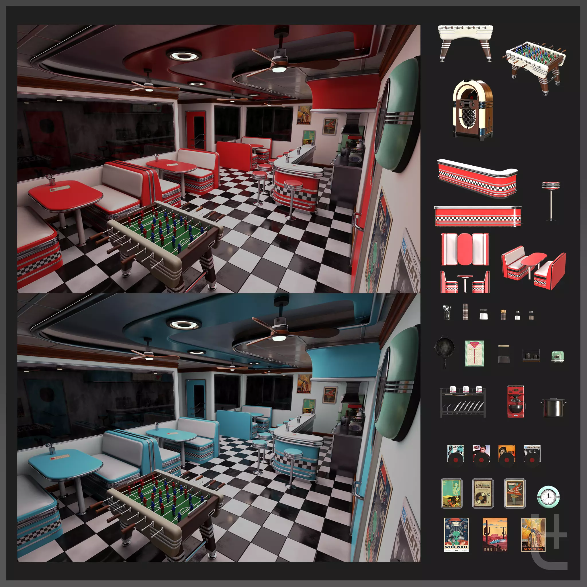50s Diner low-poly 3d model pack Low-poly 3D model_0