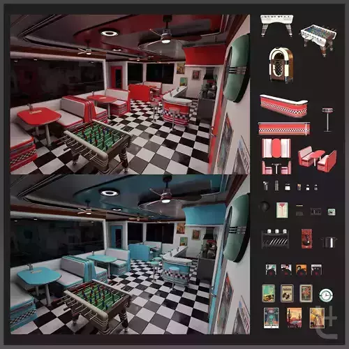 50s Diner low-poly 3d model pack Low-poly 3D model