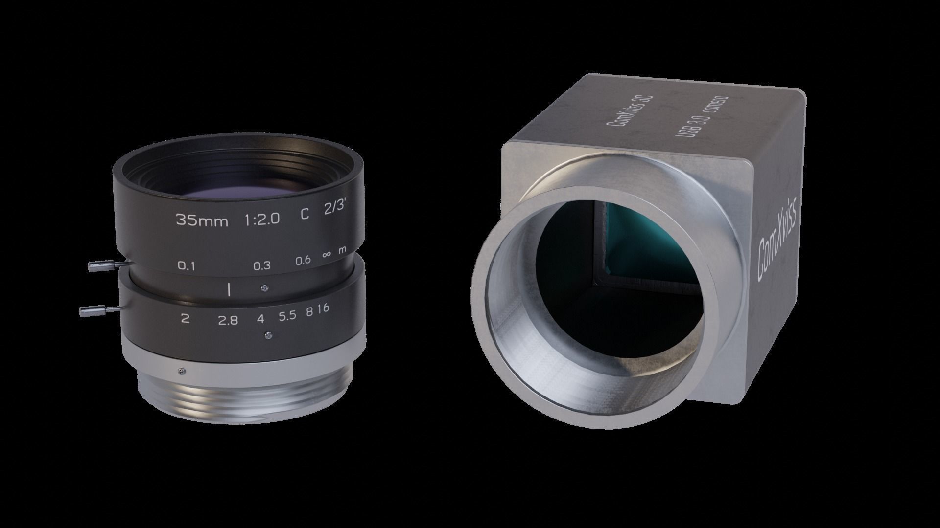 Industrial USB 3 CCTV camera with C-mount 35 mm lense 3D model_2