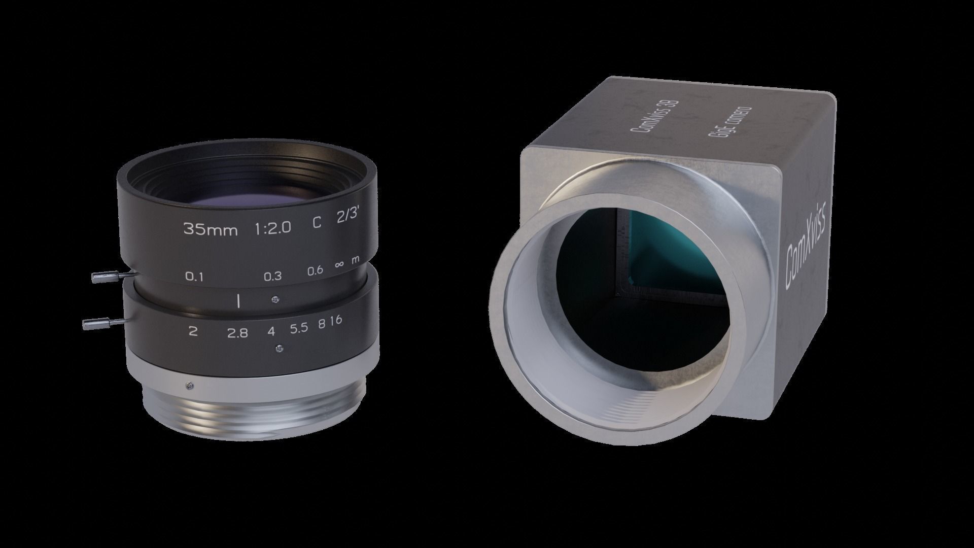 Industrial GigE CCTV camera with C-mount 35 mm lense 3D model 3D model_2