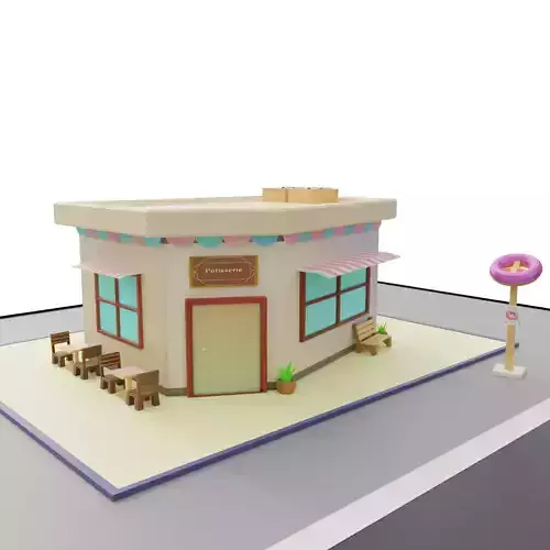 Low Poly Patisserie donut shop with tables and chairs Low-poly 3D model