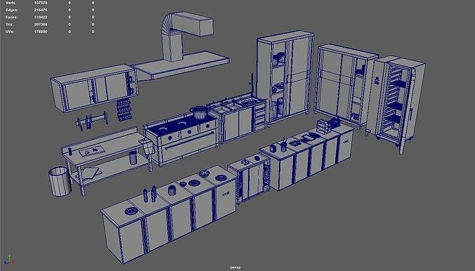 Cookware Kitchen Set sink in metal cabinet Low-poly 3D model 2