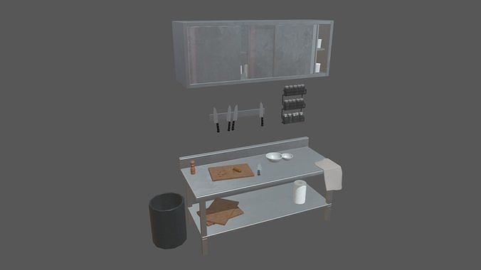 Cookware Kitchen Set sink in metal cabinet Low-poly 3D model 3
