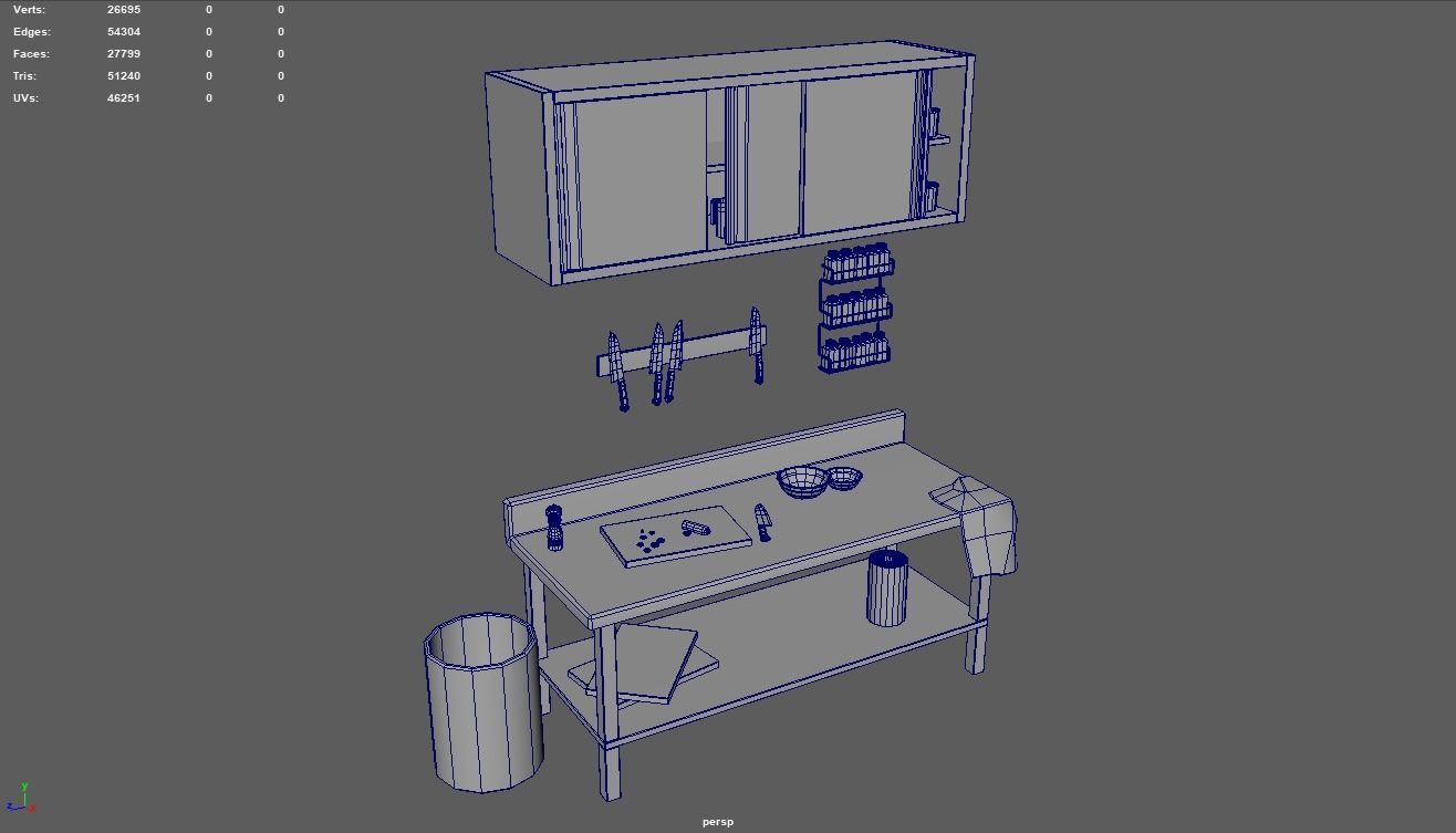 Cookware Kitchen Set sink in metal cabinet Low-poly 3D model_3