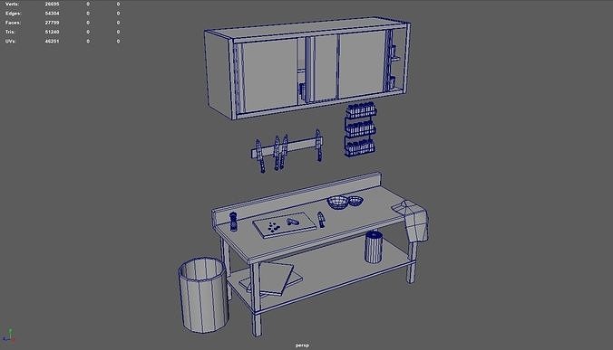 Cookware Kitchen Set sink in metal cabinet Low-poly 3D model 4