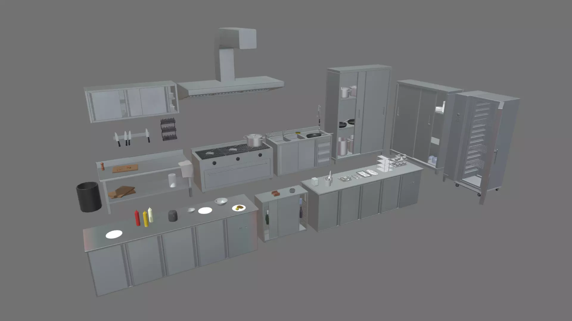 Cookware Kitchen Set sink in metal cabinet Low-poly 3D model_0