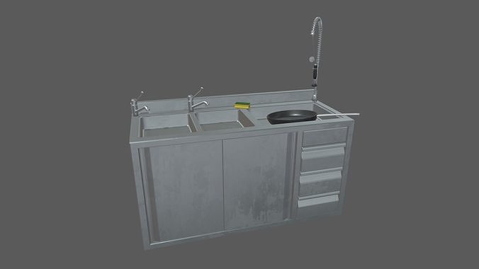 Cookware Kitchen Set sink in metal cabinet Low-poly 3D model 7