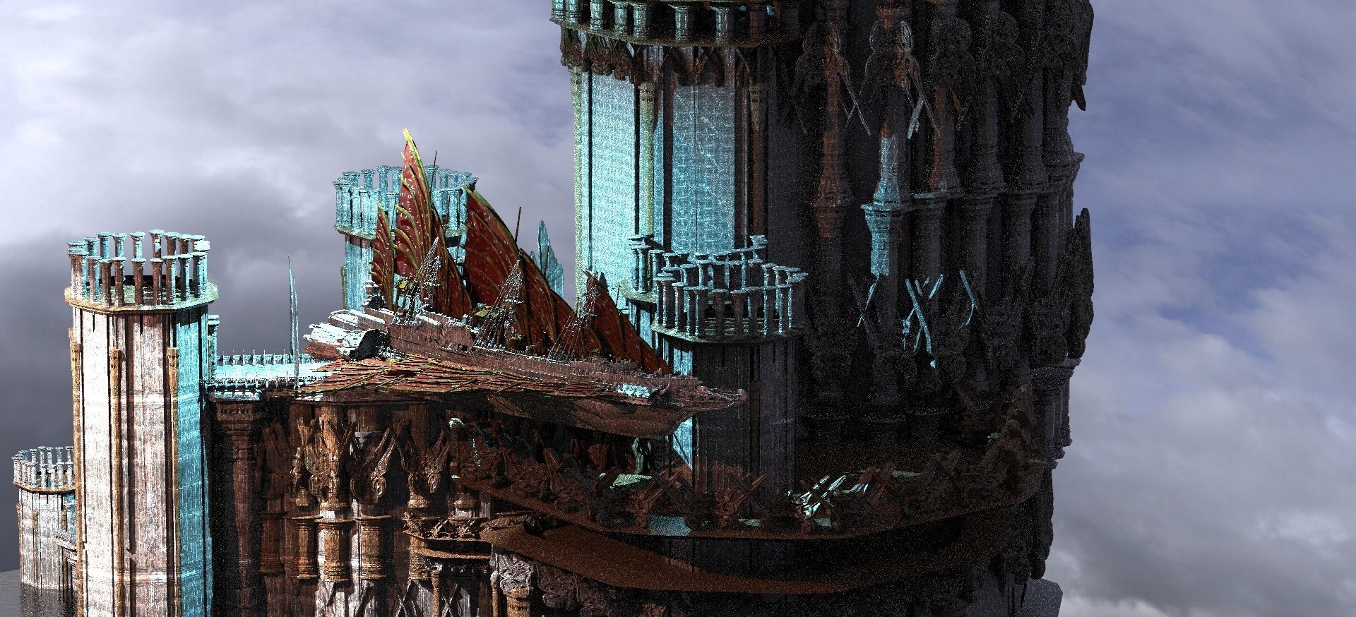 Magna Carter Floating fortress with Hermes airship  3D model_1
