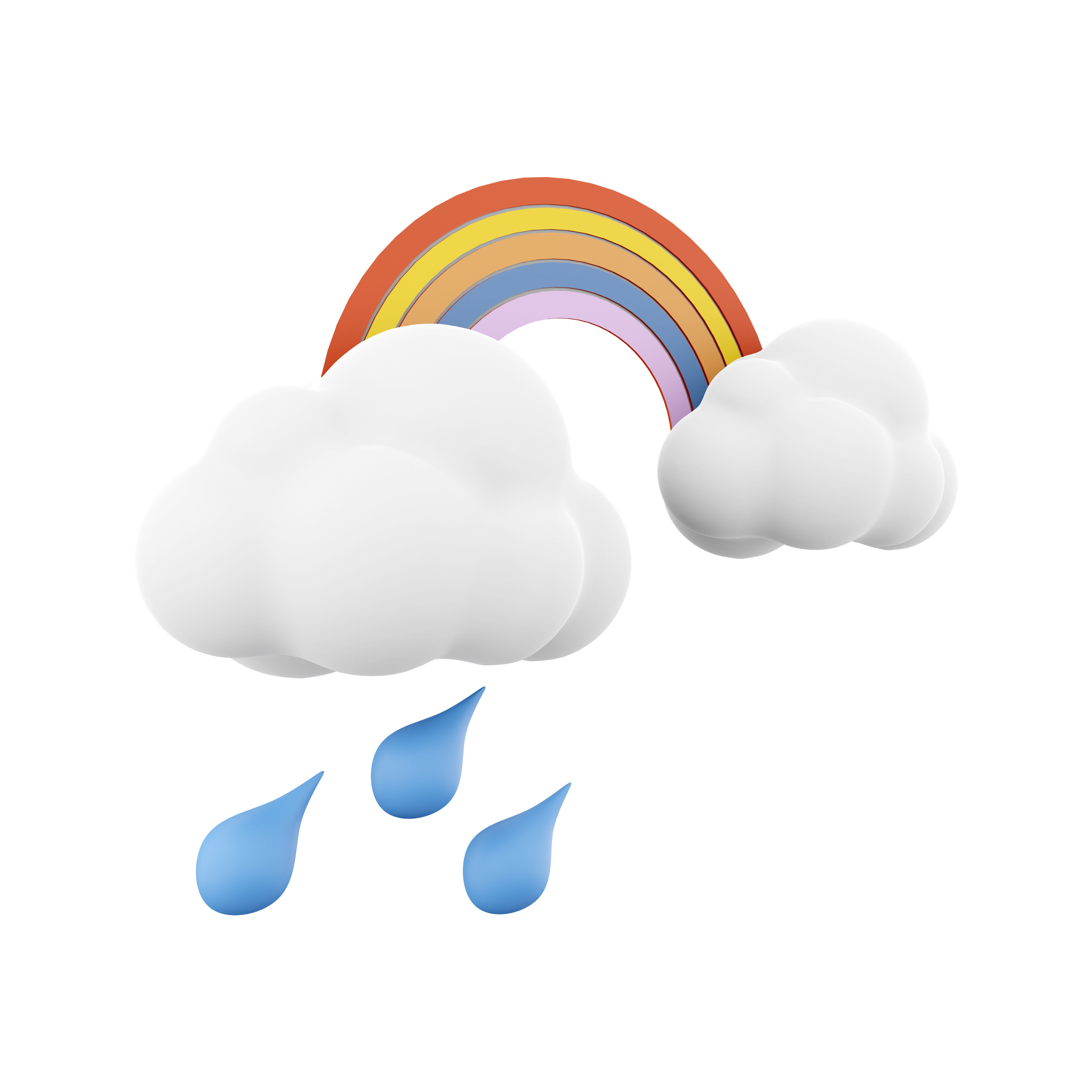 3d rainbow with rain and clouds cartoon  icon 3D model_5