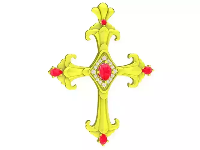 A4576 Oval Ruby Pear Diamond Cross Pendant 3D Print