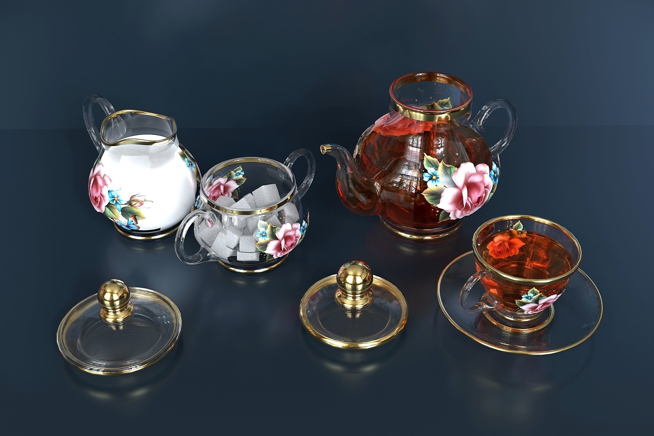 Glass tea set with flowers 3D model_2