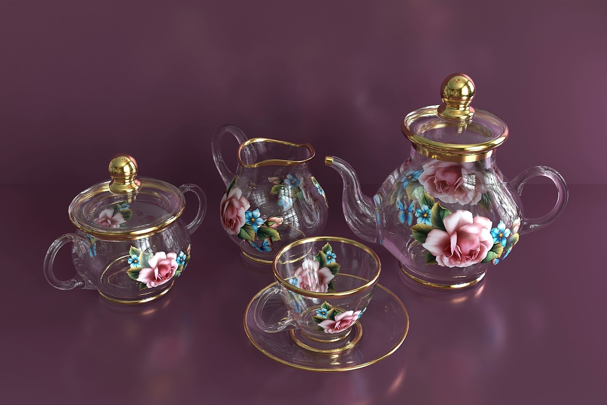Glass tea set with flowers 3D model_1