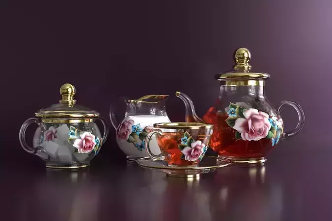 Glass tea set with flowers 3D model