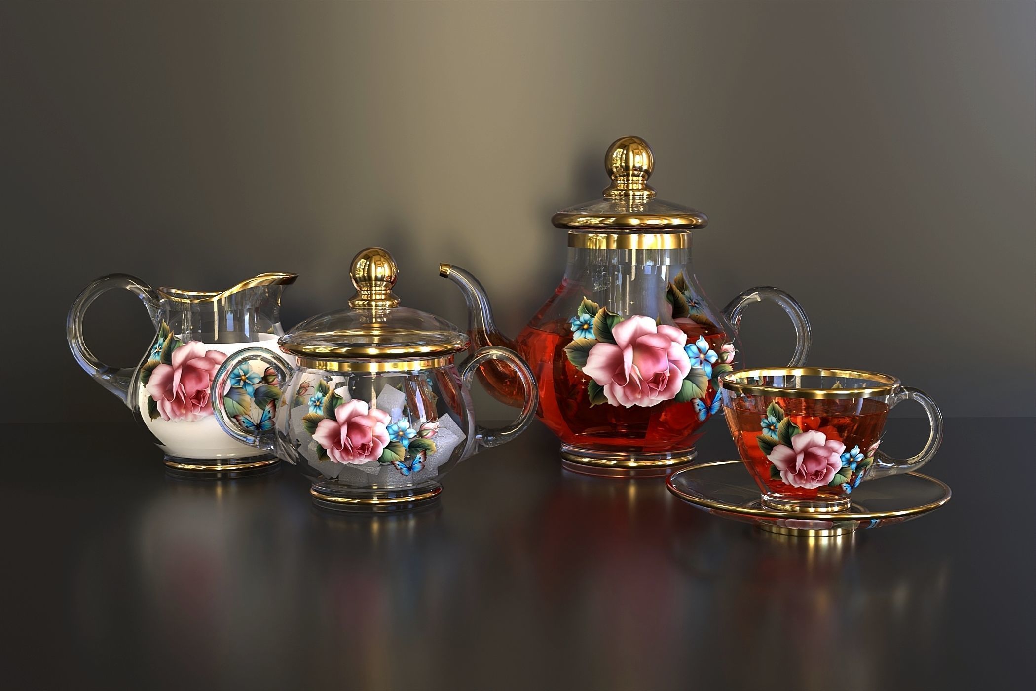 Glass tea set with flowers 3D model_3