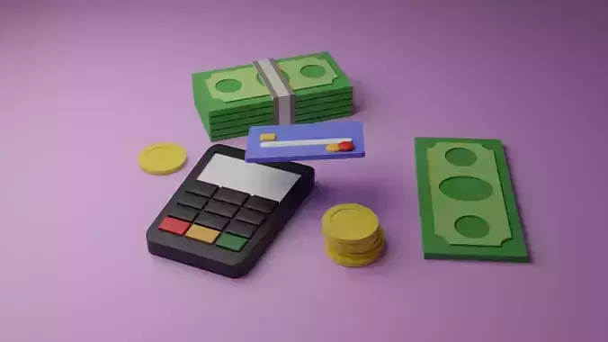 Low poly money set with payment pos terminal and credit card