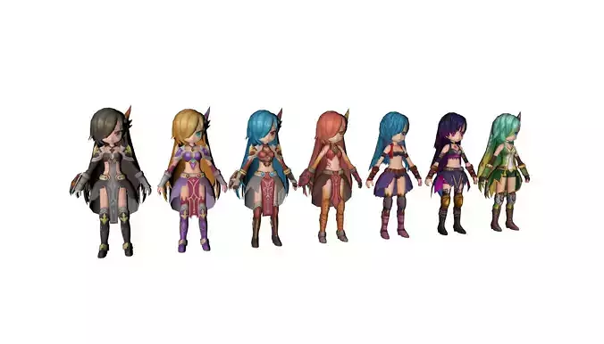 Anime Girl - Fully Rigged Character - 7 Variants - Set 1 Low-poly 3D model