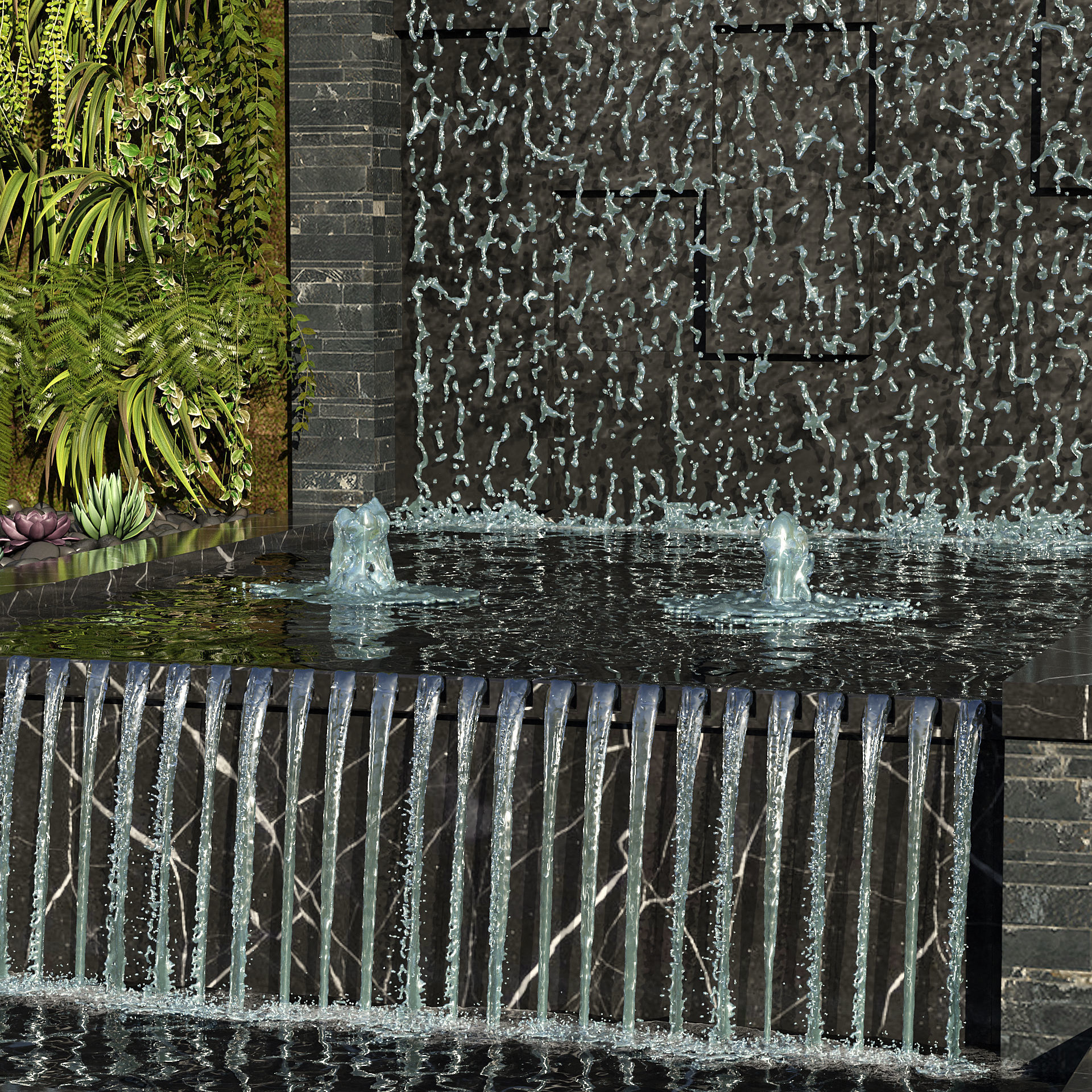 Wall with Plants and Waterfall 3D model_3