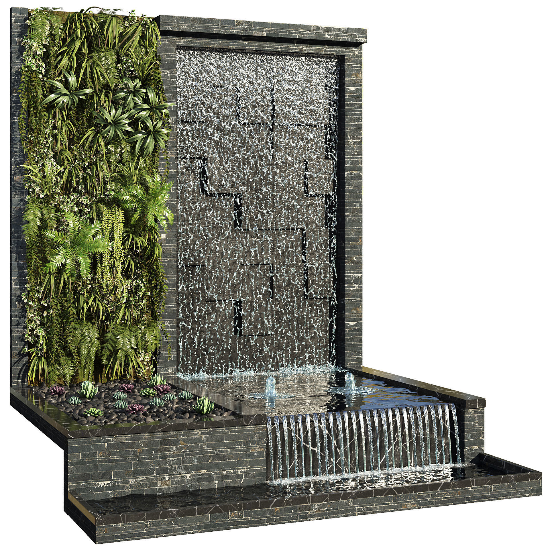 Wall with Plants and Waterfall 3D model_2
