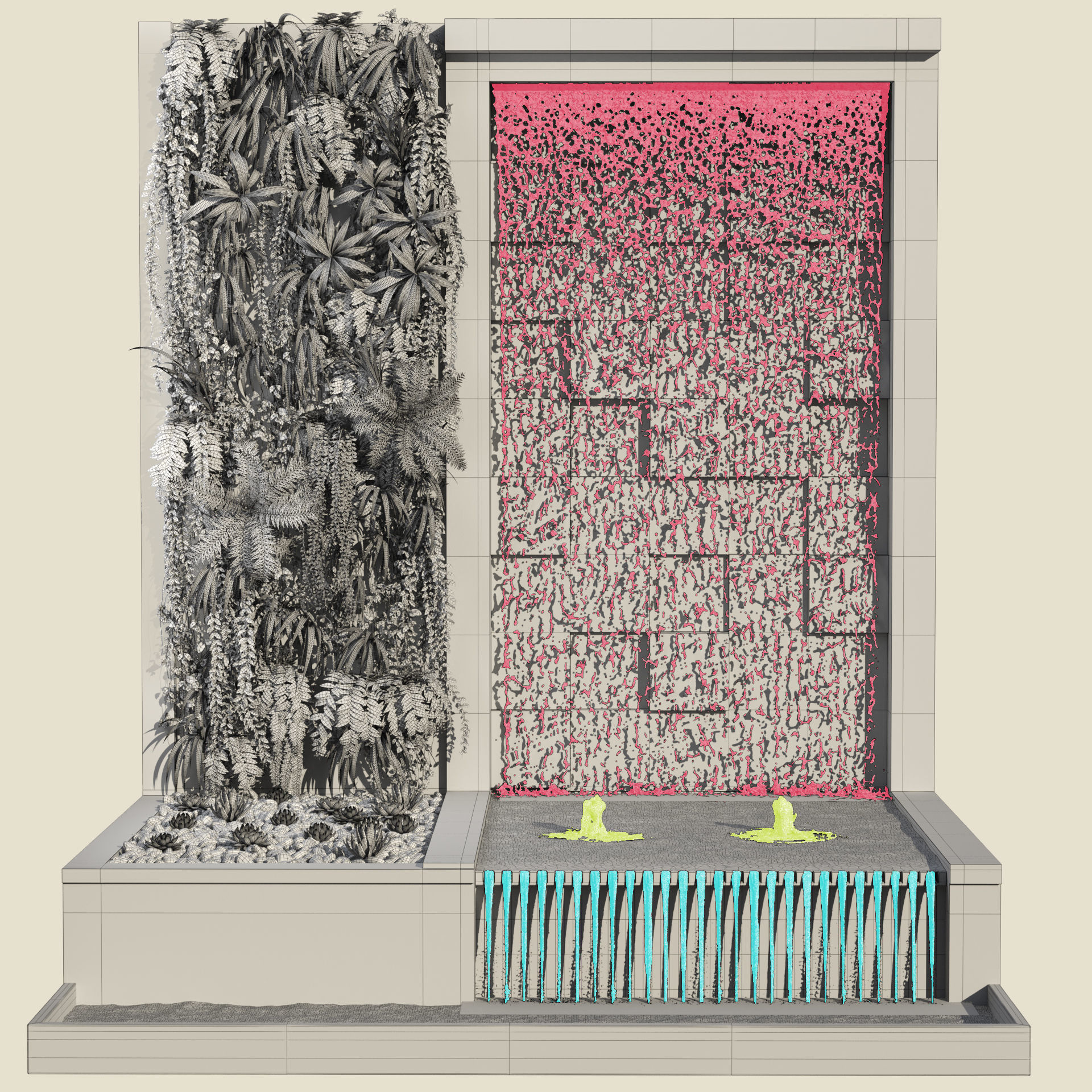 Wall with Plants and Waterfall 3D model_8