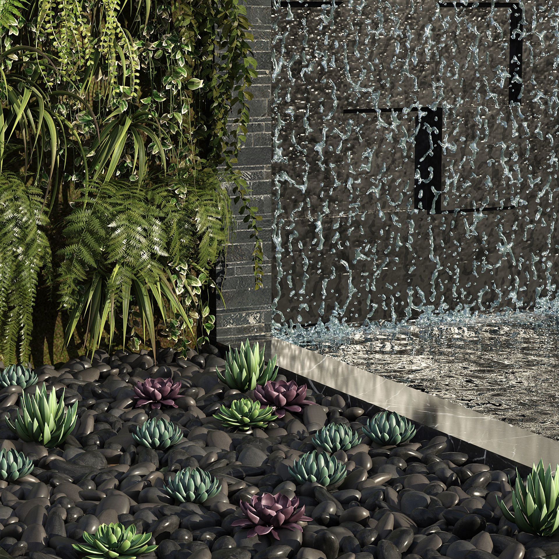 Wall with Plants and Waterfall 3D model_4