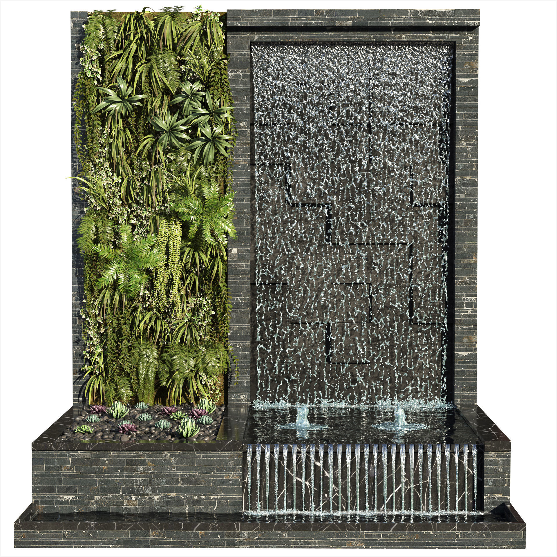 Wall with Plants and Waterfall 3D model_1